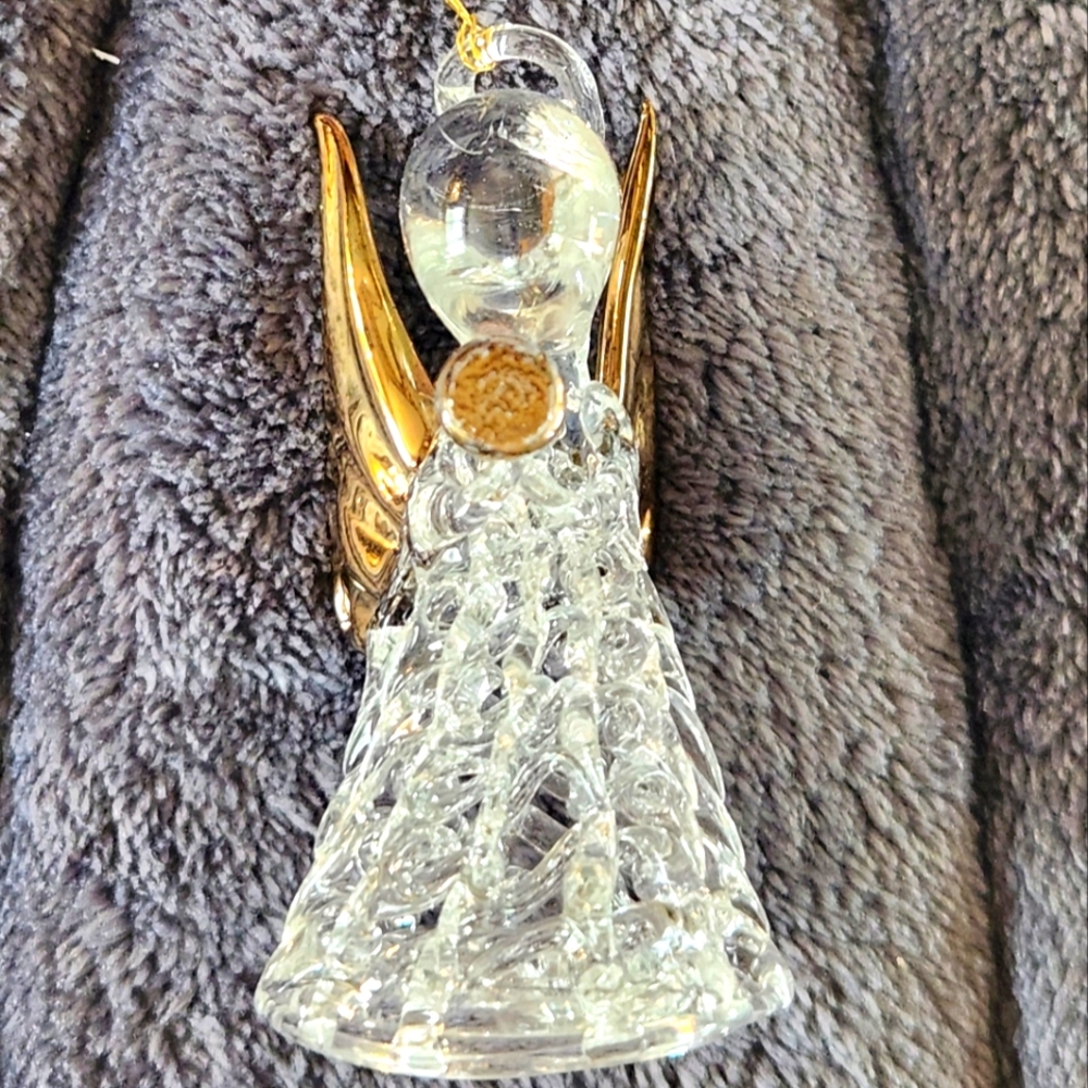 Spun Glass Blown Angel Trumpet Christmas Ornament Gold Accents